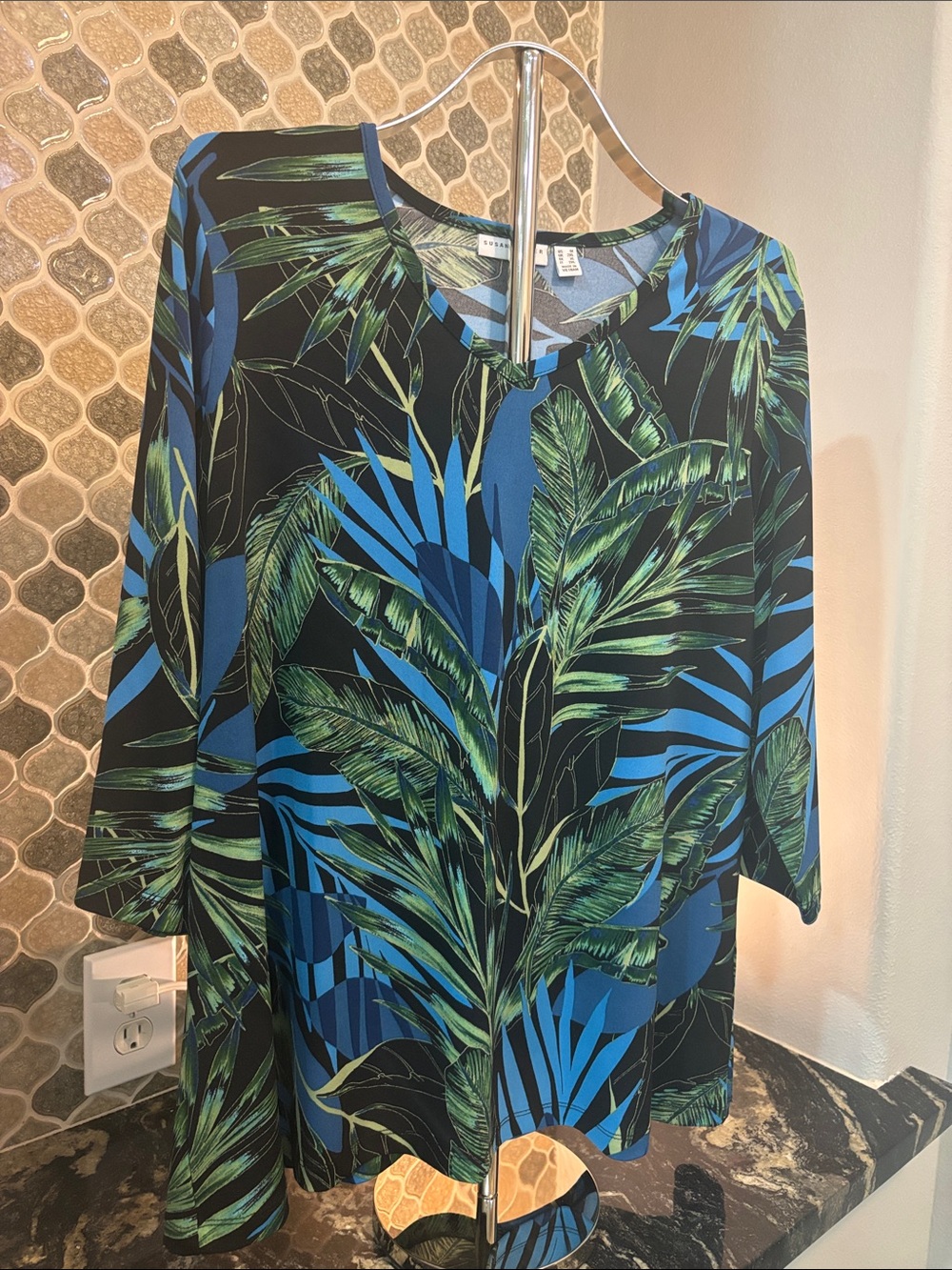Susan Graver Blue and Green Tropical V-Neck Long Sleeve Dress